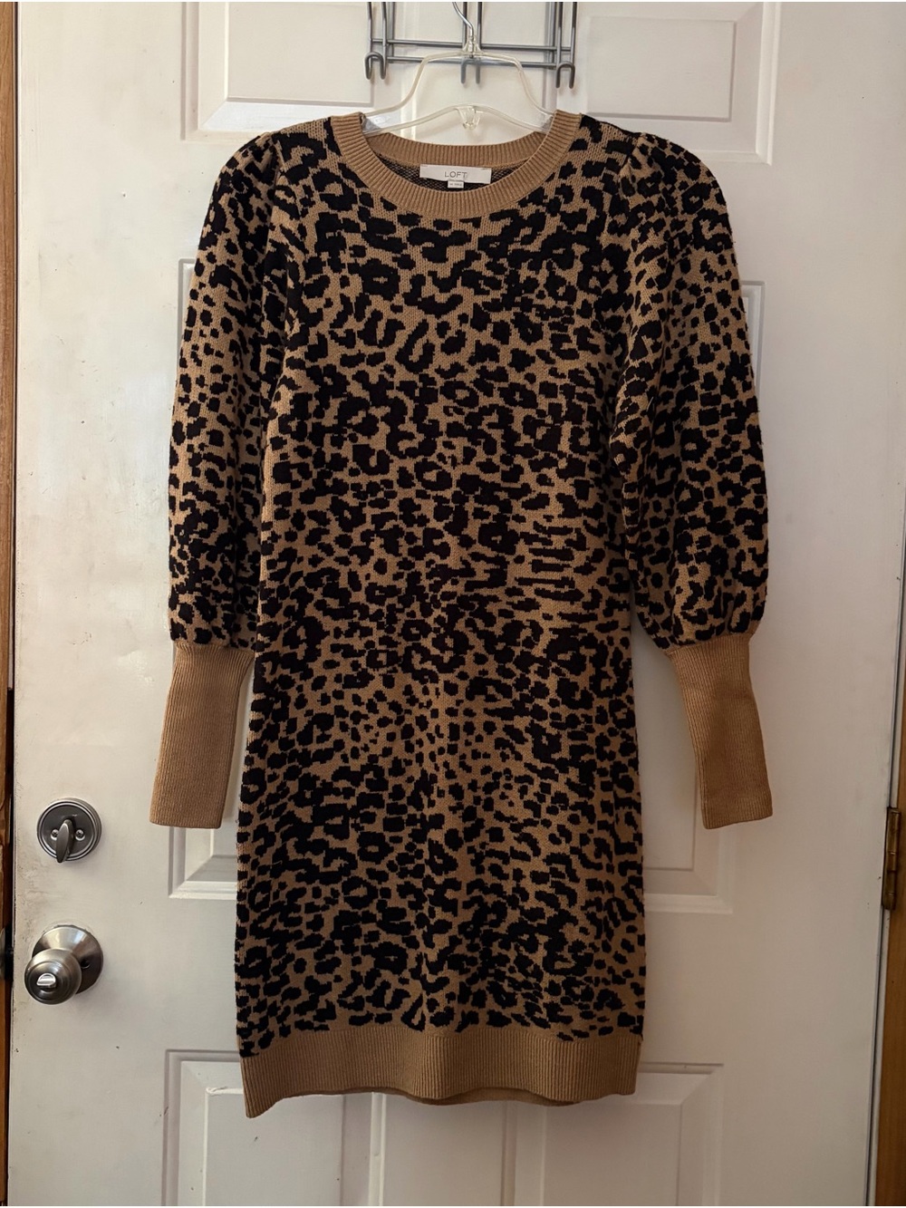 LOFT Leopard Print Wool Blend Puff Sleeve Sweater Dress XS